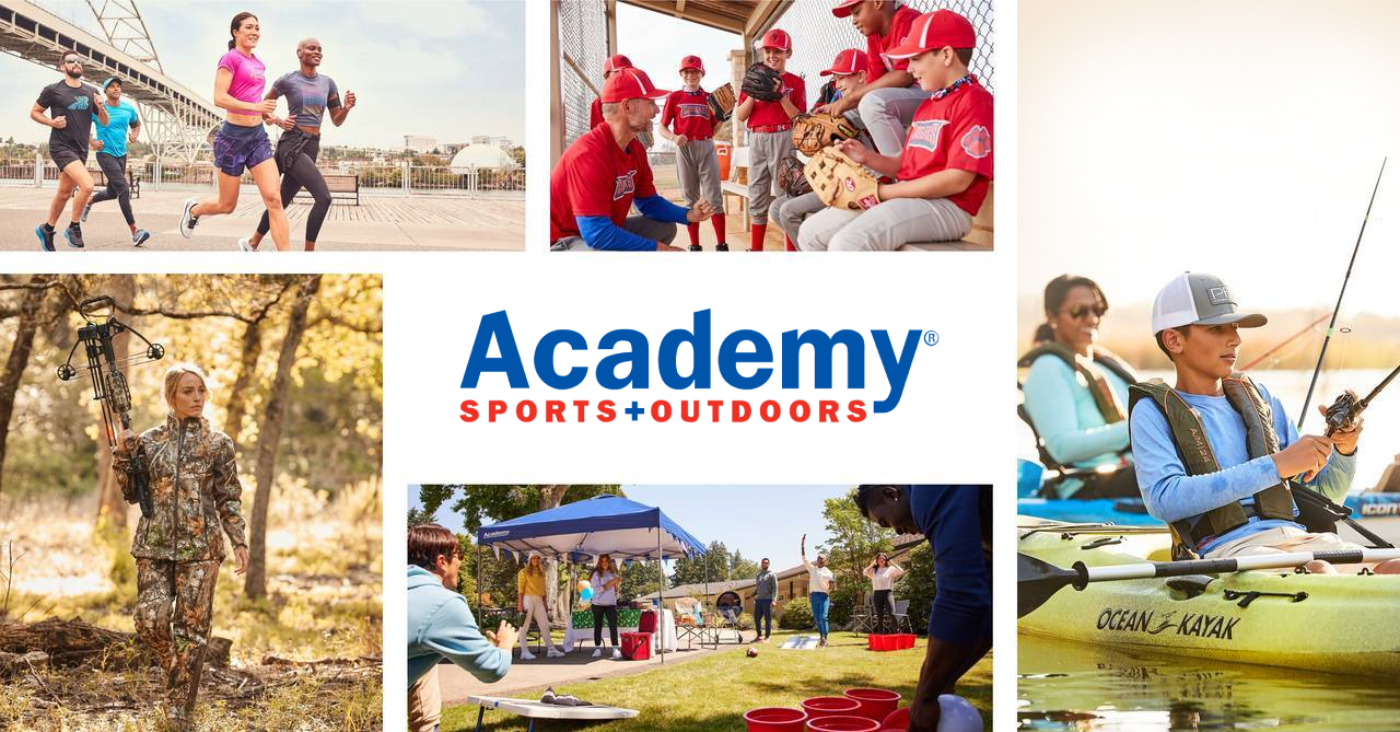 A collage of Academy Sports and Outdoors Inc images: (From left to Right) 2 girls and 2 boys running, many people wearing red uniform talking to each others, a women in army suit holding 