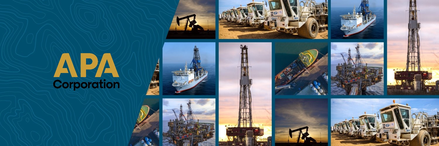 On a navy blue background, a collage of different images related to the energy sector is displayed, with the Apa Corporation emblem on the left side
