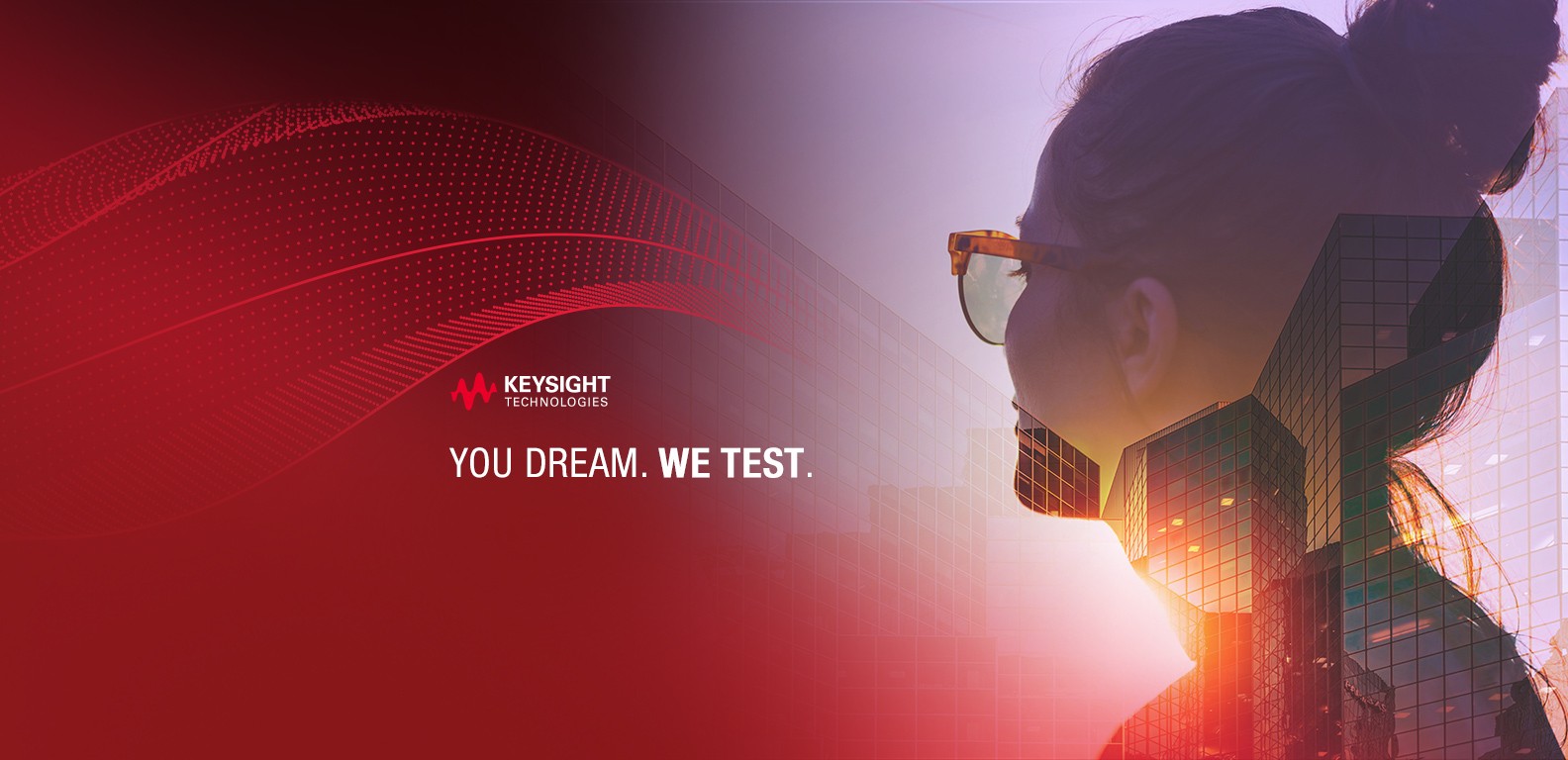 The photograph of a spectacled woman is overlay over a picture of buildings with wavy patterns with the logo and caption of Keysight Technologies to the left