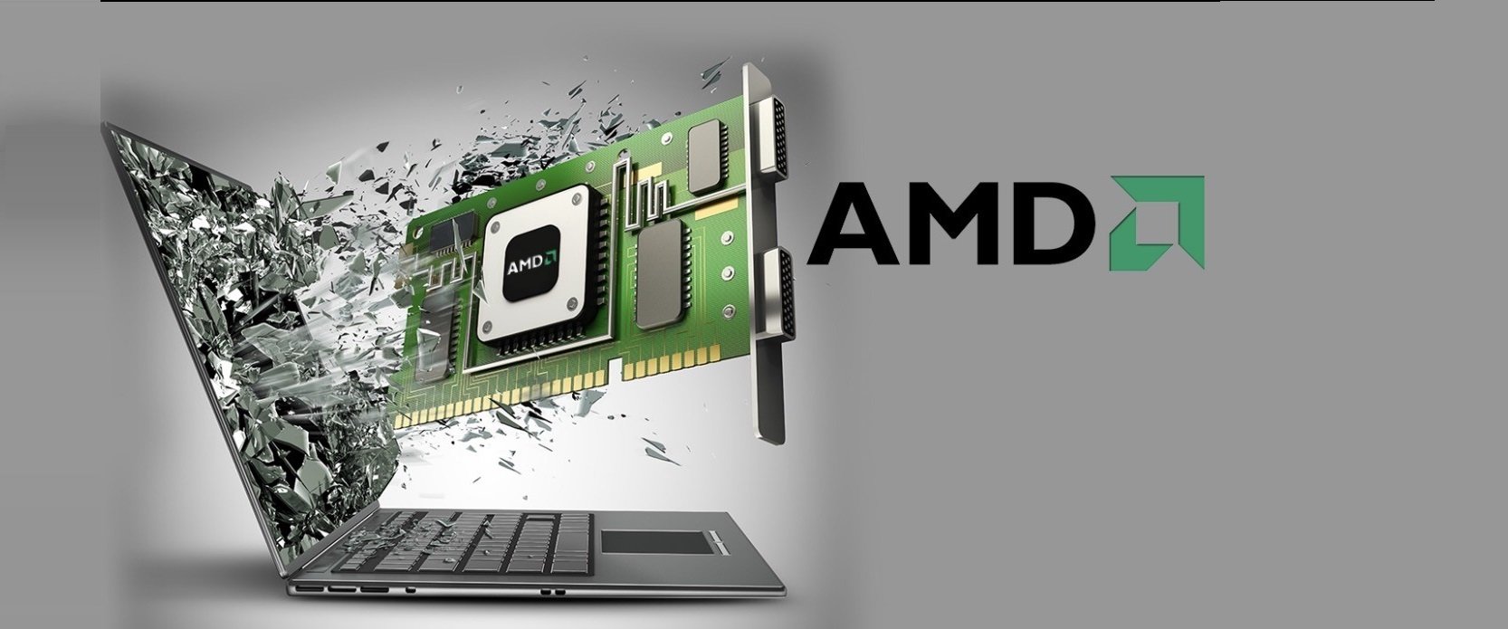 An AMD semiconductor is seen breaking out of a laptop screen with the logo of AMD to the right against a gray background