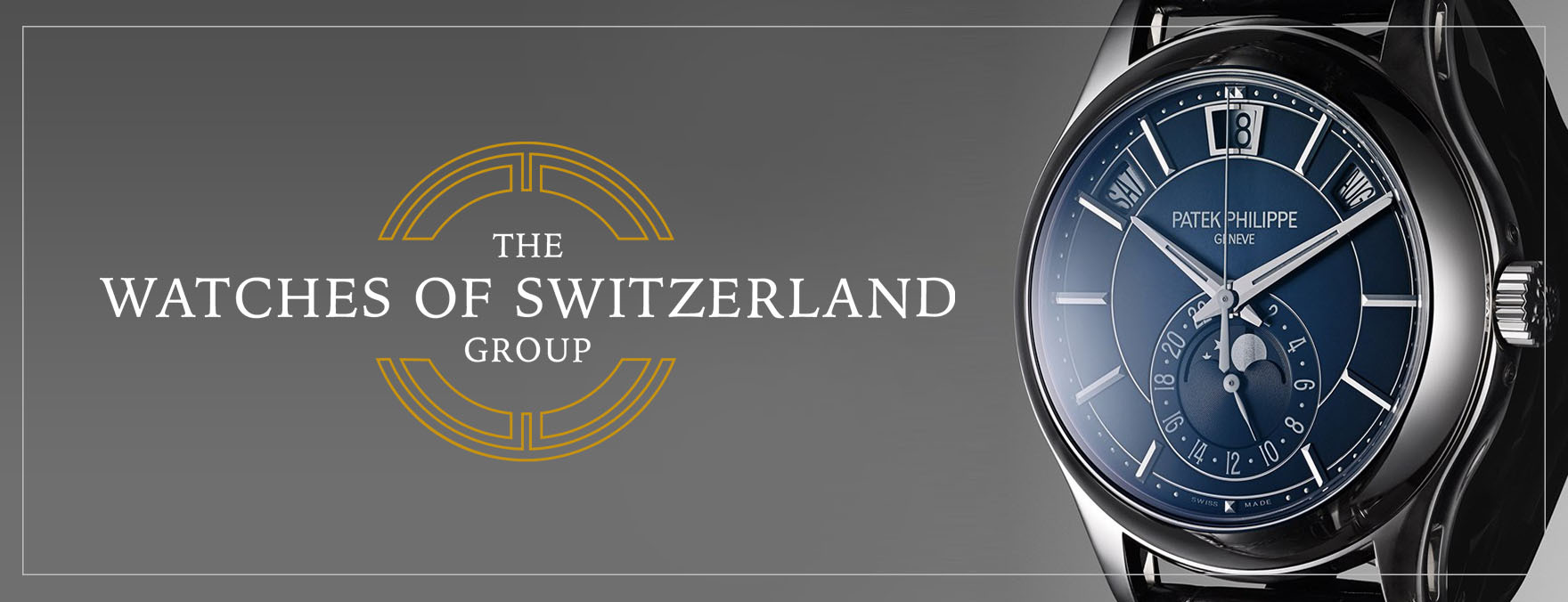  On the right of the grey background image is a magnificent watch - a product of the Watched of Switzerland Group - and on the left is the company's emblem.