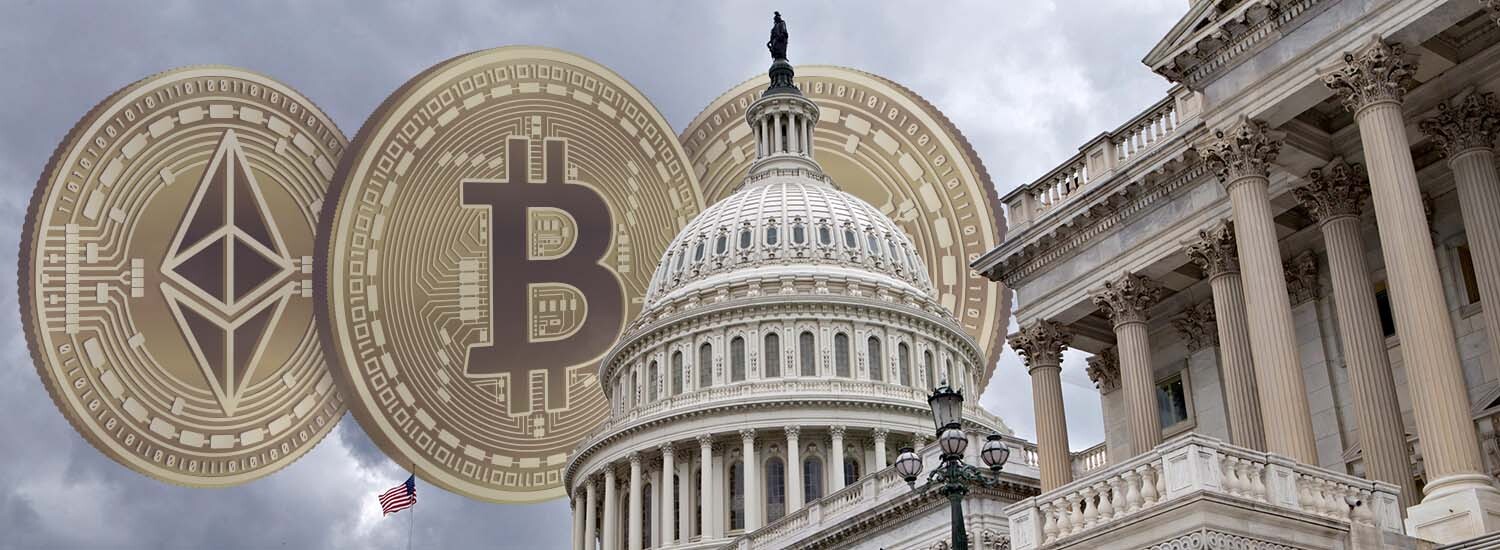 An angled view of the US Capitol Building at noon with images of Crypto Coins fading in the background