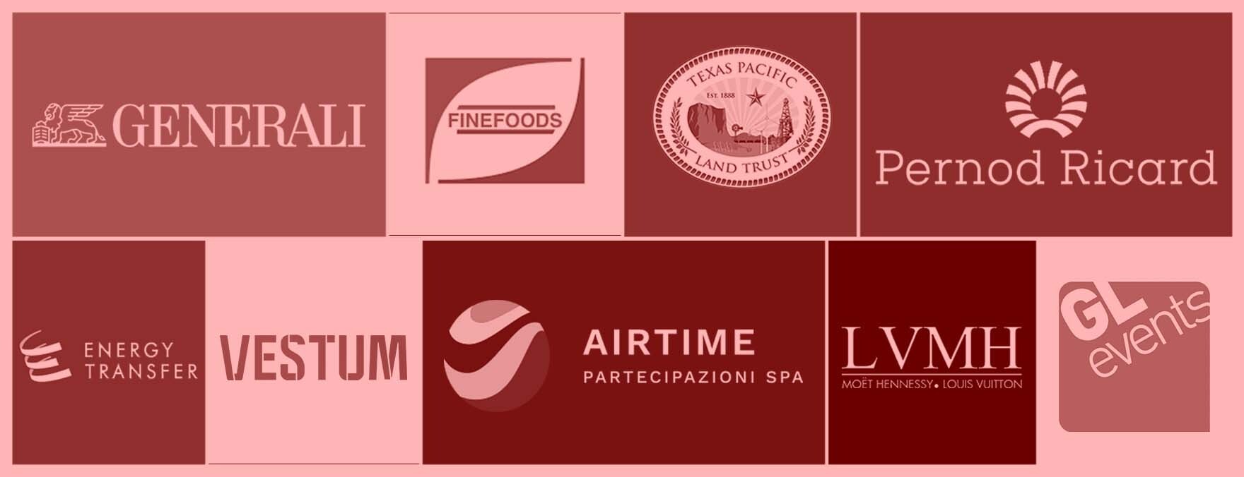 Collage of Logos of the companies in red shade: Generali, Finefood, Texas Pacific, Pernord Richart, Energy Transfer,  Vestum, Airtime, LVMH and GL events.