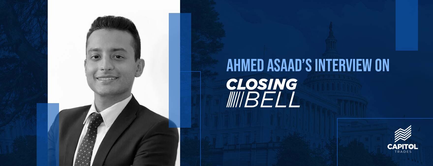 A picture of Ahmed Asaad, a member of 2iQ, is displayed on the left side of the blue and white themed image, and the information about the interview on Closing Bell is written on the left