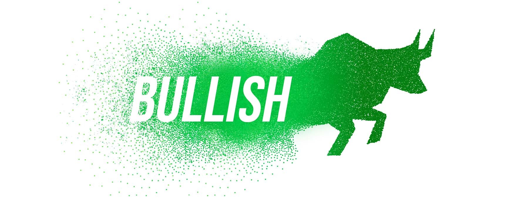 A bull in green glitter runs across a white background, while Bullish is printed between the spreading green glitters.