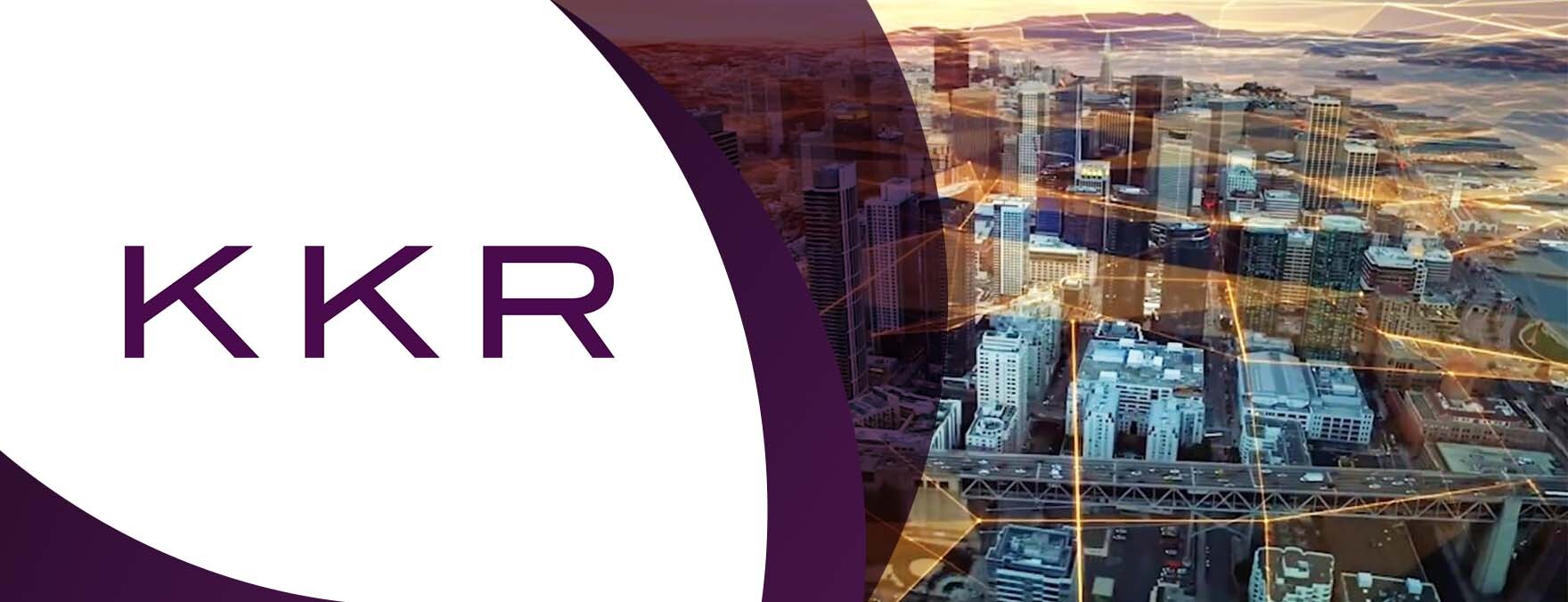 KKR's logo against a white background with purple curves pasted over a background of a metropolis with orange light rays moving between the buildings
