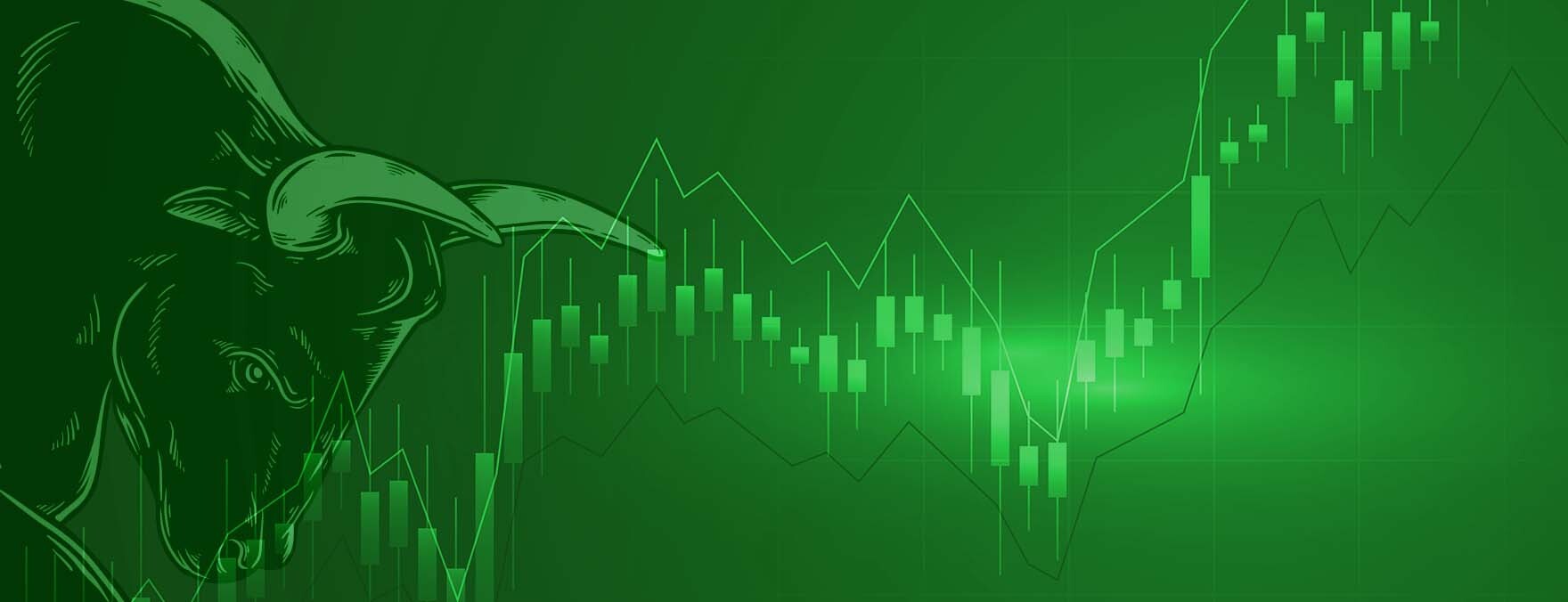 There is a green-shaded image with an upward candlestick chart and a bull on the left side of the image