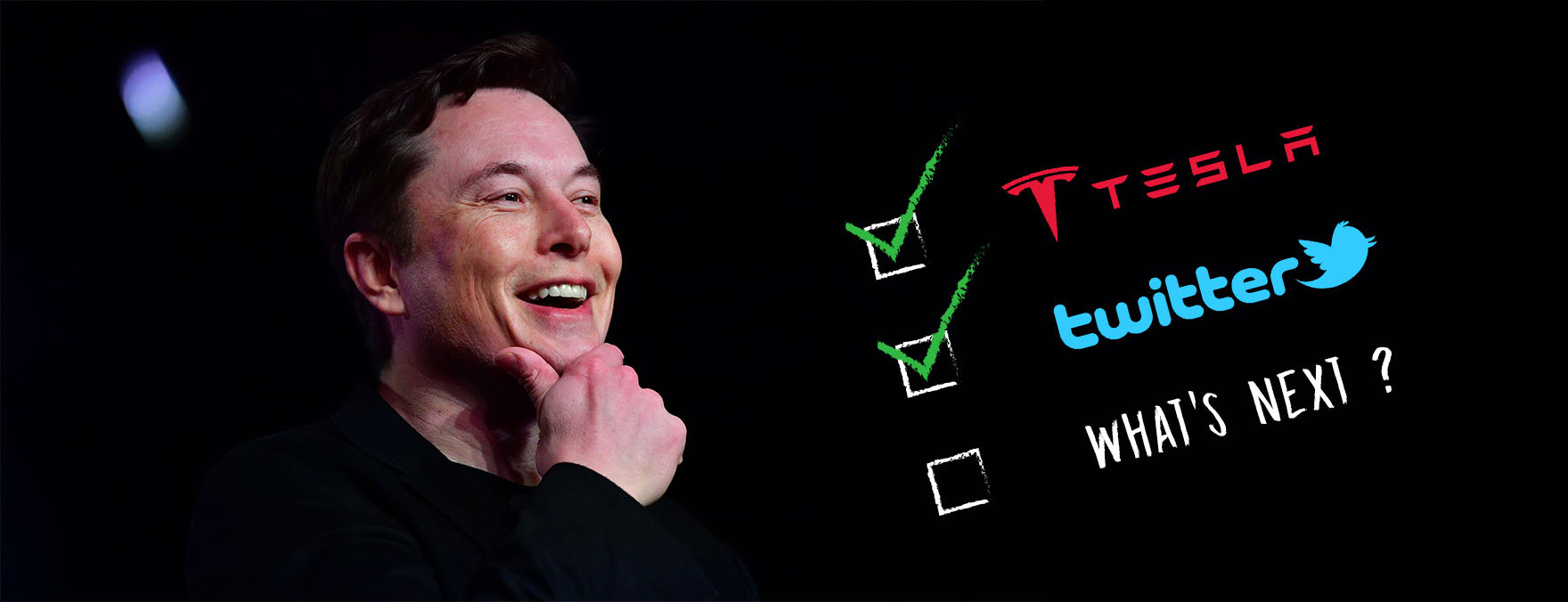 Elon Musk smiles next to a makeshift to-do list checking off Tesla and Twitter depicting Musk buying Twitter recently