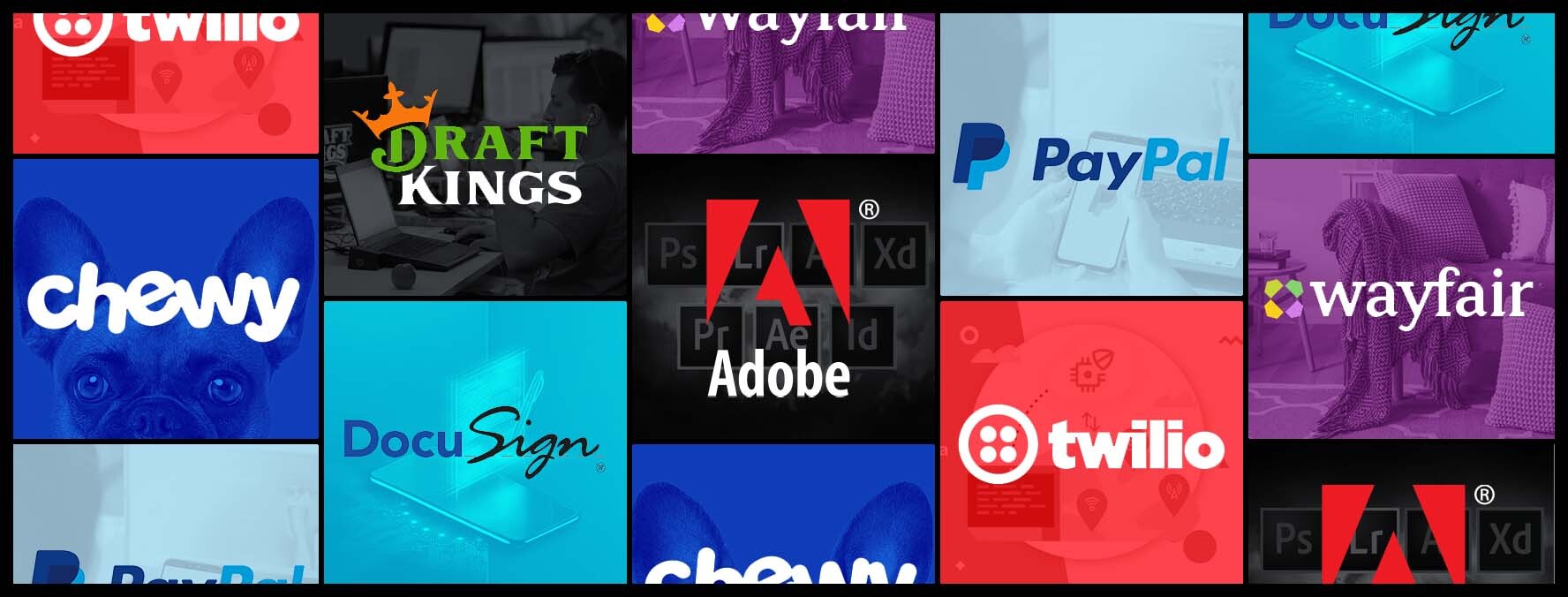 Collage of Logos of the companies: (Left to Right) Chewy, Draft Kings, Docu Sign, Adobe, Twilio, PayPal and Wayfair