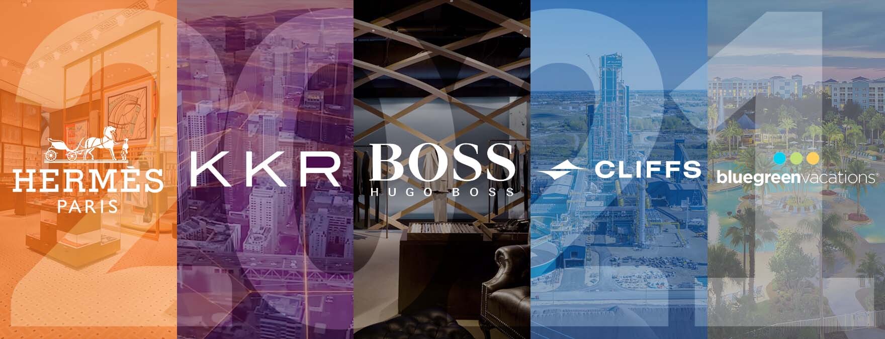 The collage of five companies in multi shades: (From Left to Right) Hermes Paris, KKR, Hugo Boss, Cliefs and Blue Green Vacations.