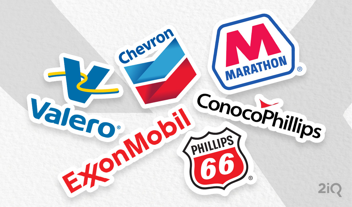 The logos of six companies (ExxonMobil, Valero, ConocoPhillips, Chevron, Marathon and Phillips) against grey background.