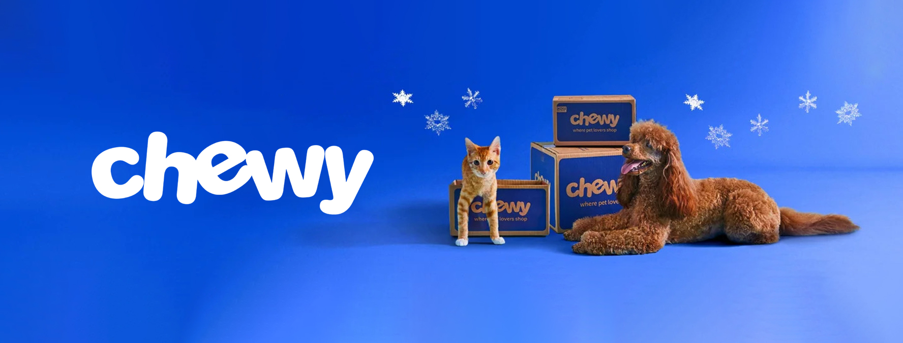 A dog and cat pose next to boxes of Chewy Inc products against a blue background and the white colored logo of Chewy Inc to the left