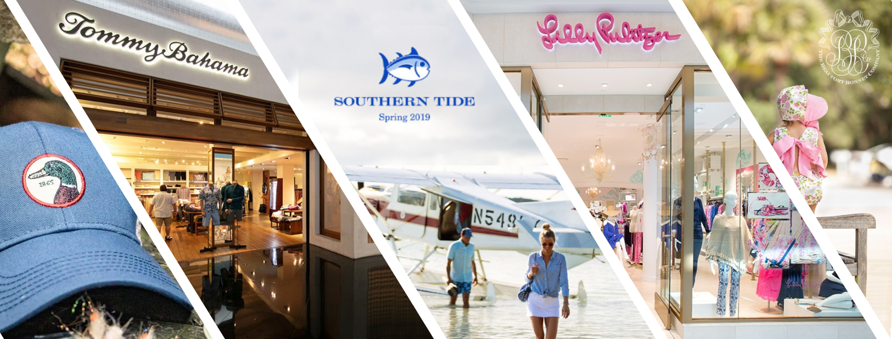 Collage of Clothing Brands under Oxford Industries: (From Left to Right) A Cap with Duck Head's Logo, A storefront for Tommy Bahama, a Promotional Picture by Southern Tide, shop entrance of Lily Pulitzer, & a Still for The Beaufort Bonnet Company  