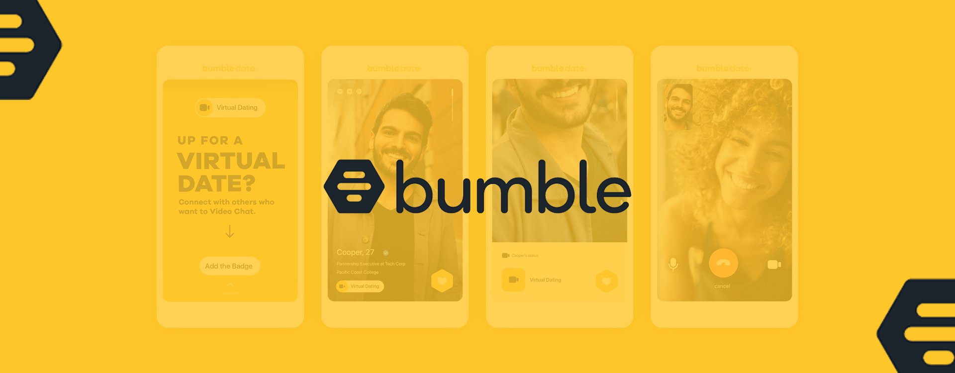 4 smartphones in background displaying user interface of Bumble app with the logo displayed upfront