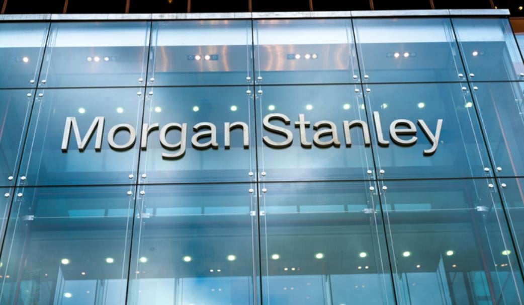 Morgan Stanley's logo is displayed in white on a blue glass skyscraper.