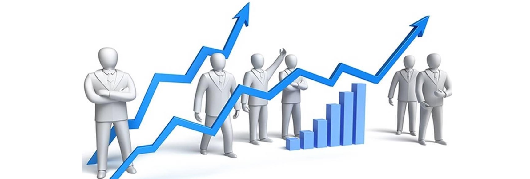 Several faceless grey figures are gathered around the rising blue arrow and bar charts with a white background.
