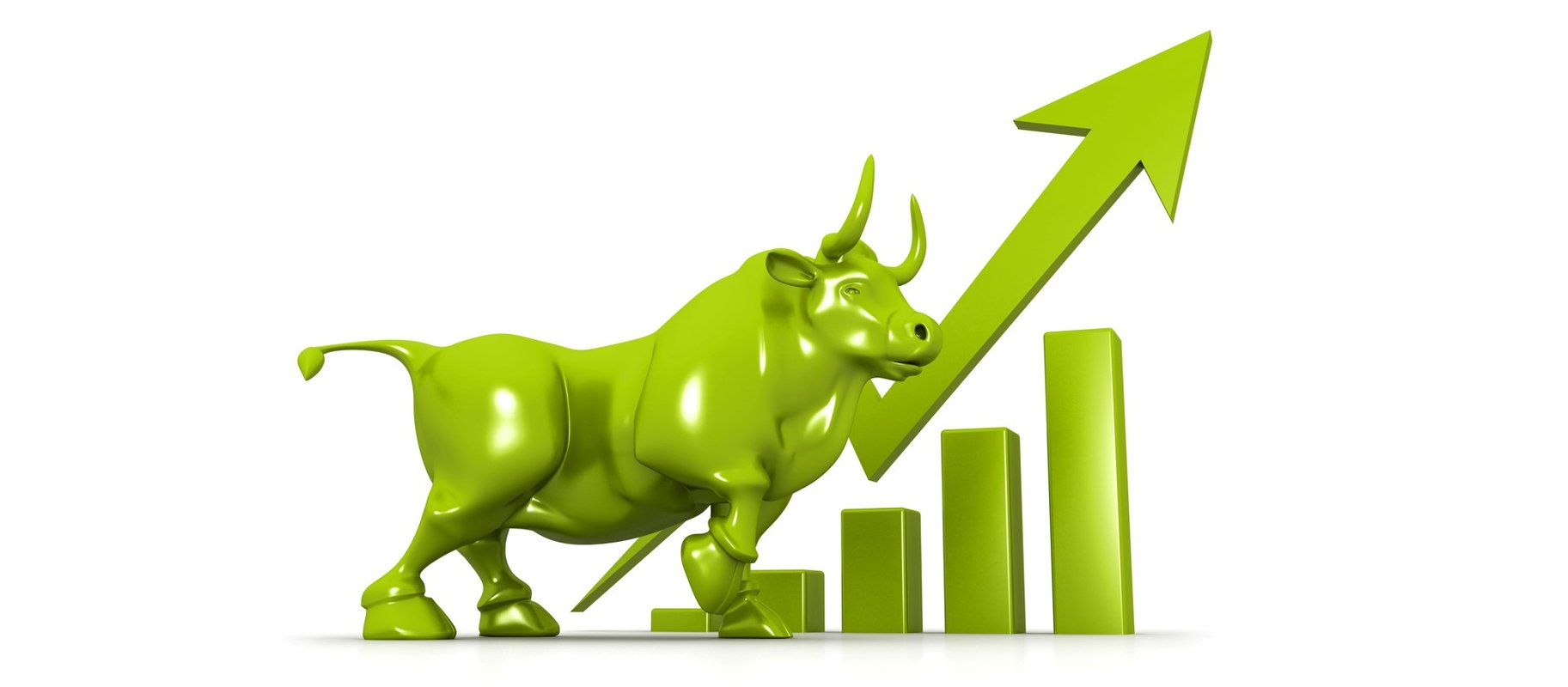 On a white background, there is a green shining bull with a rising chart, indicating an upward trend in the stock market.