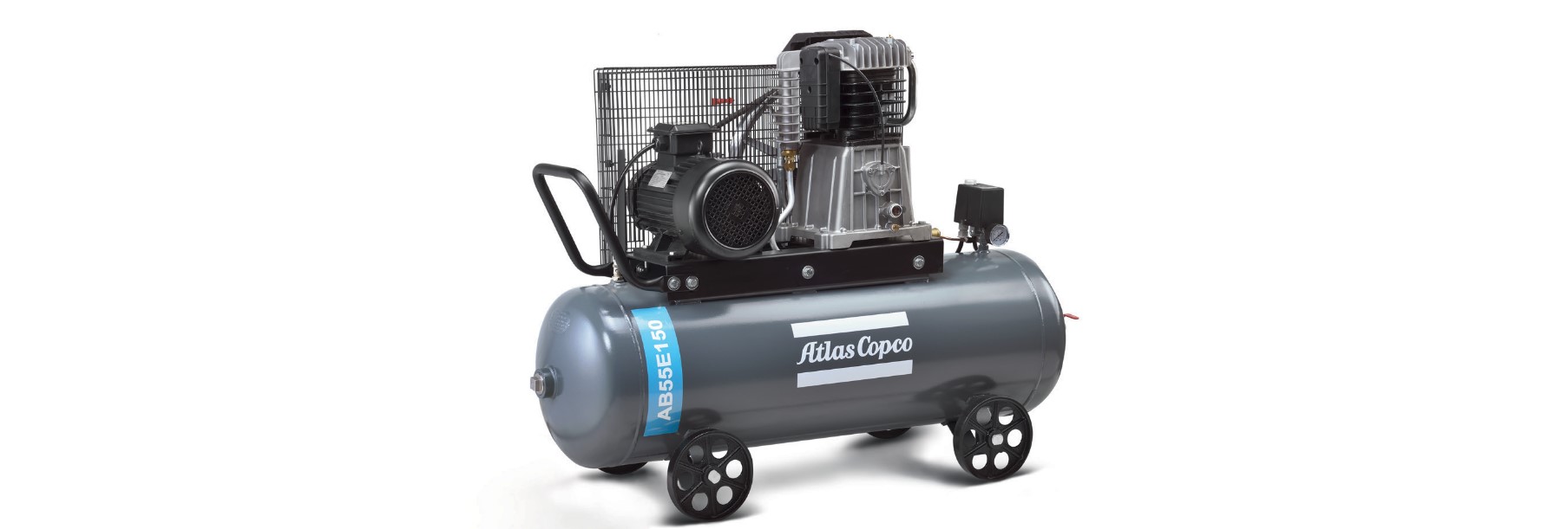 A picture of one Atlas Copco's products, a Piston Air Compressor, with the logo of Atlas Copco printed on the side