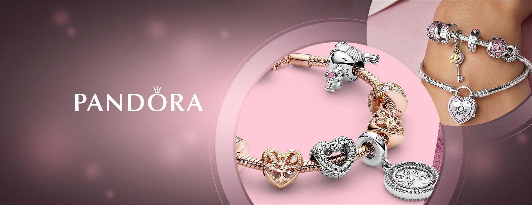 On a pink background image, two images of the bracelet are displayed in circle shape on  the right side and the logo of Pandora in white is displayed on the left