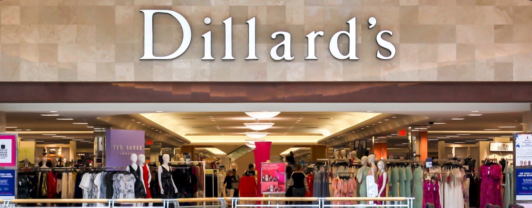 This is the entryway to Dillard's Inc.'s well-organized luxury American department store, which displays a wide range of items.