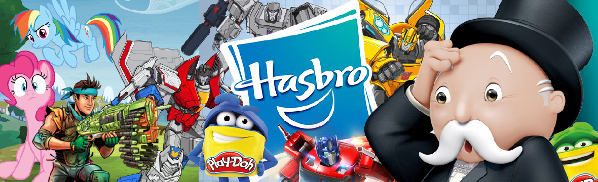Hasbro's logo is situated in the center with the company's mascots and characters for its various toys and games surrounding it