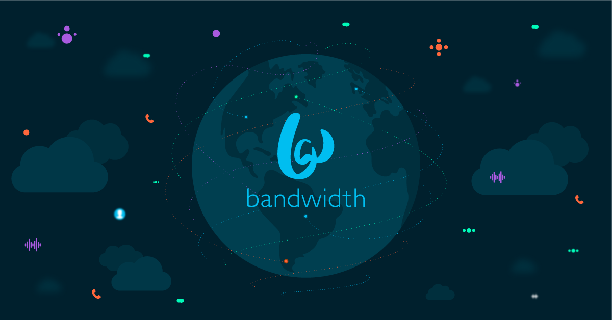 A logo of Bandwidth with a vector illustration of the Earth and clouds, combined with colorful icons and signal lines representing networking