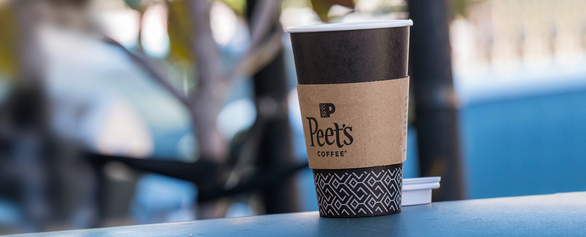 A disposable cup of JDE Peet's NV Coffee is sitting on a bench overlooking a park