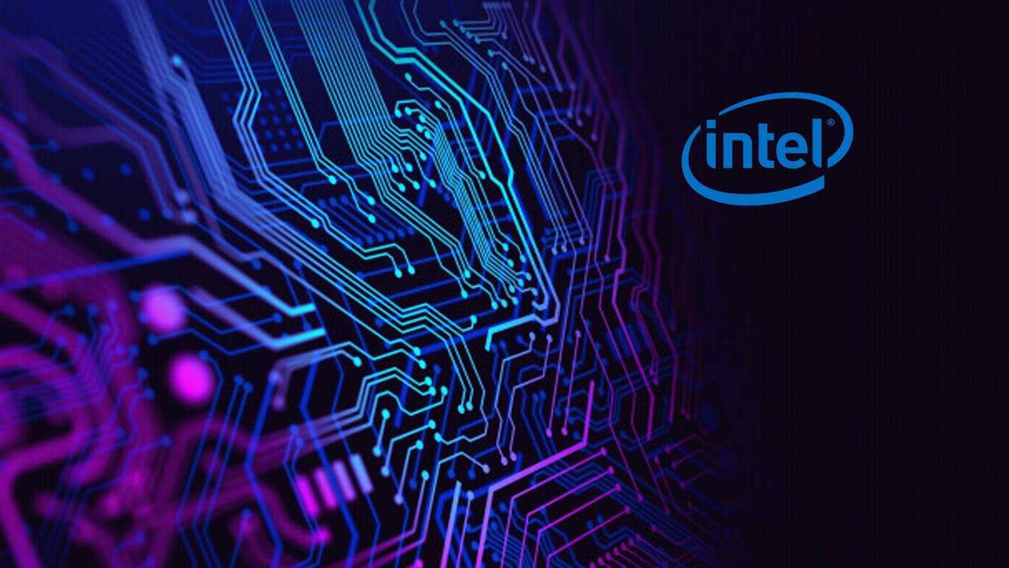 Printed circuit board with aesthetic shaded colors placed on dark background with blue intel logo on the right side.