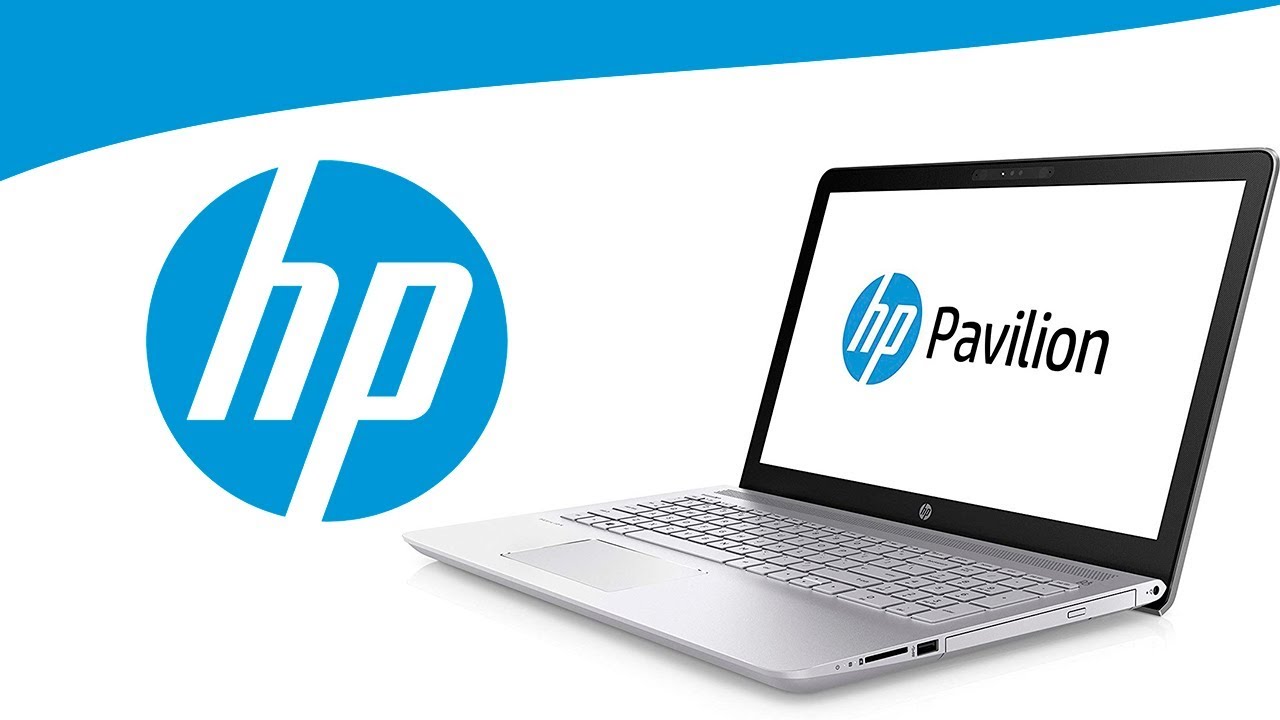A laptop screen displaying Hp logo on the right, and a logo of HP Inc on the left