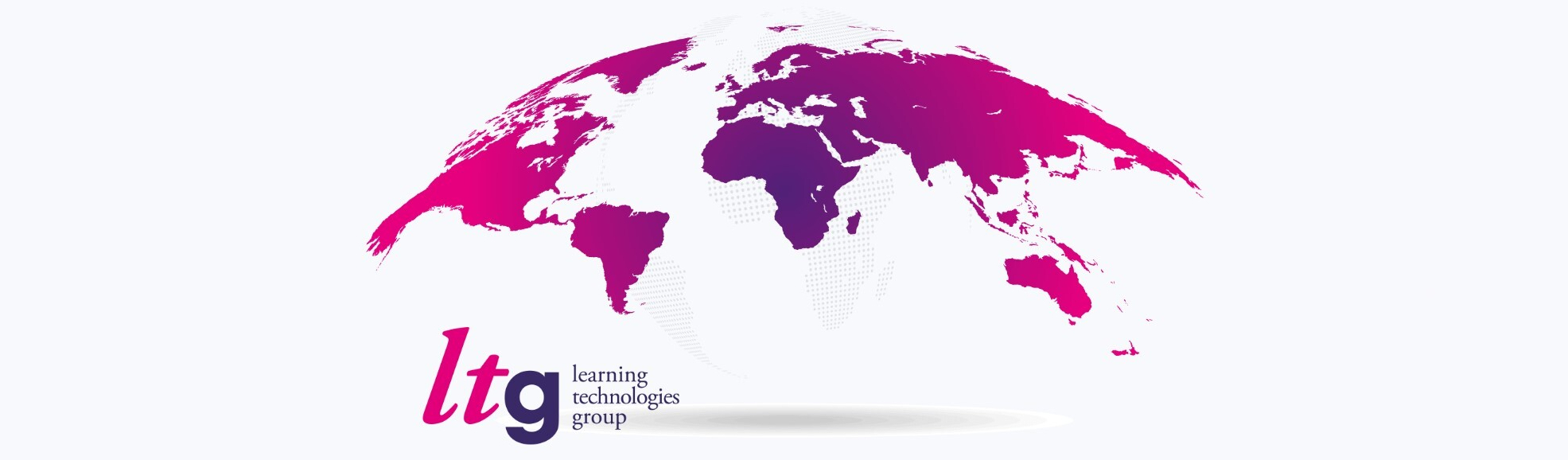 On a white background, a map in the shape of a globe is printed in pink and purple, with the Learining Technologies Group Plc emblem in the left corner.